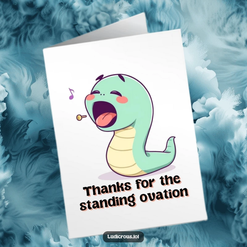 Funny Free Printable Thank You Card: A bouncing worm sings opera with an exaggerated mouth, expressing deep gratitude.