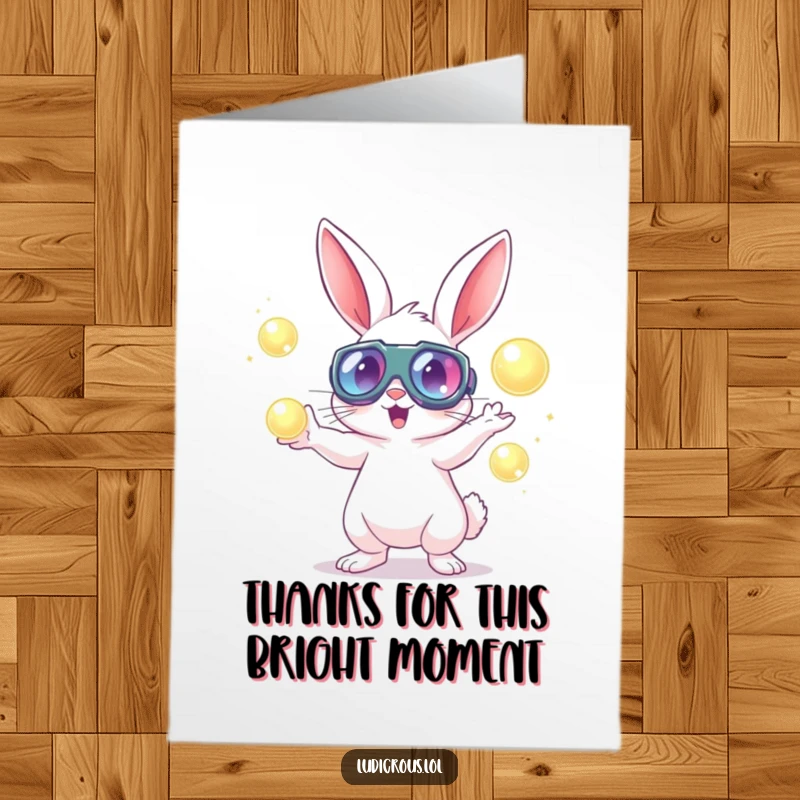 Funny free printable thank you card: A rabbit with huge goggles enthusiastically juggles luminous, glowing orbs.