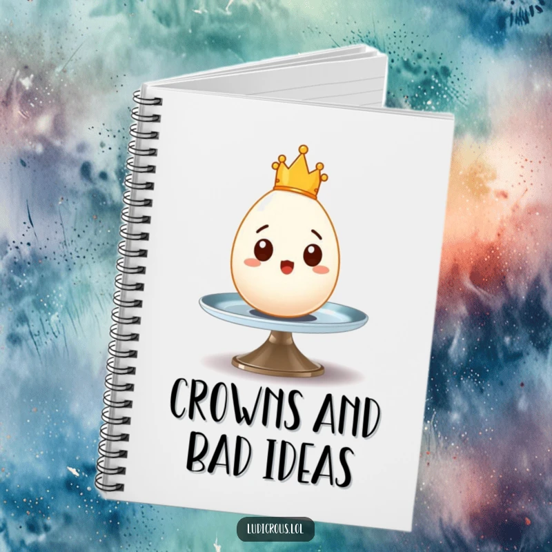 Funny notebook with a surprised egg wearing a tiny crown wobbling precariously on a spinning plate, ideal for jotting ideas.
