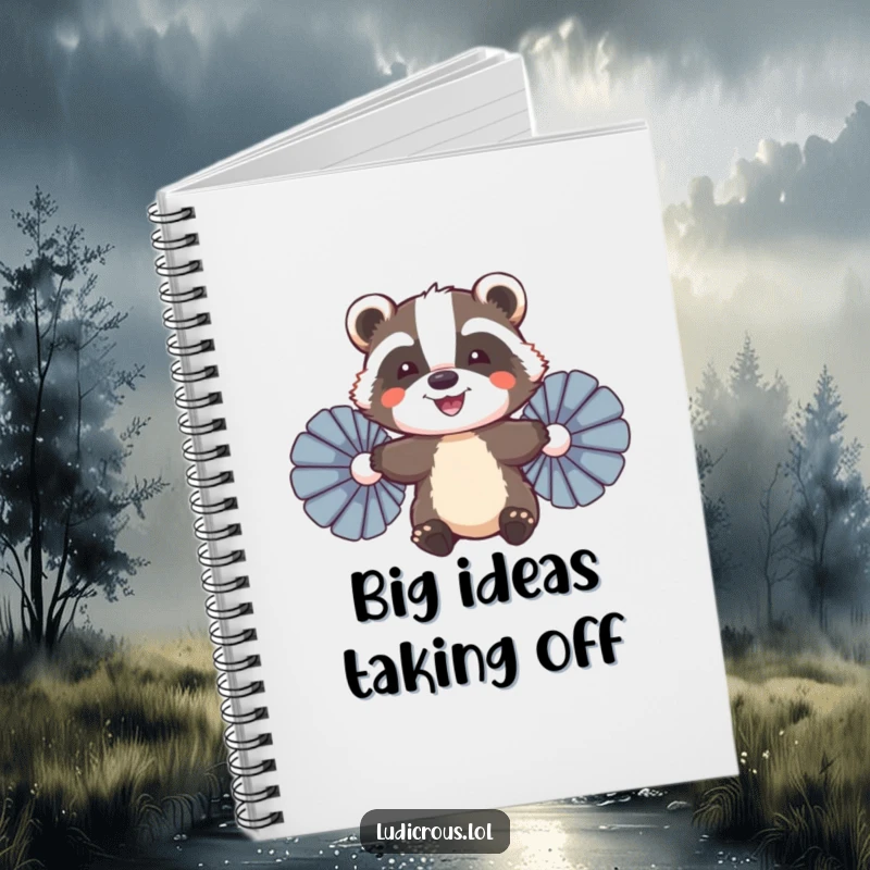 Funny Badger Notebook, a smiling badger attempting flight with feather fans, perfect for jotting down ambitious ideas.