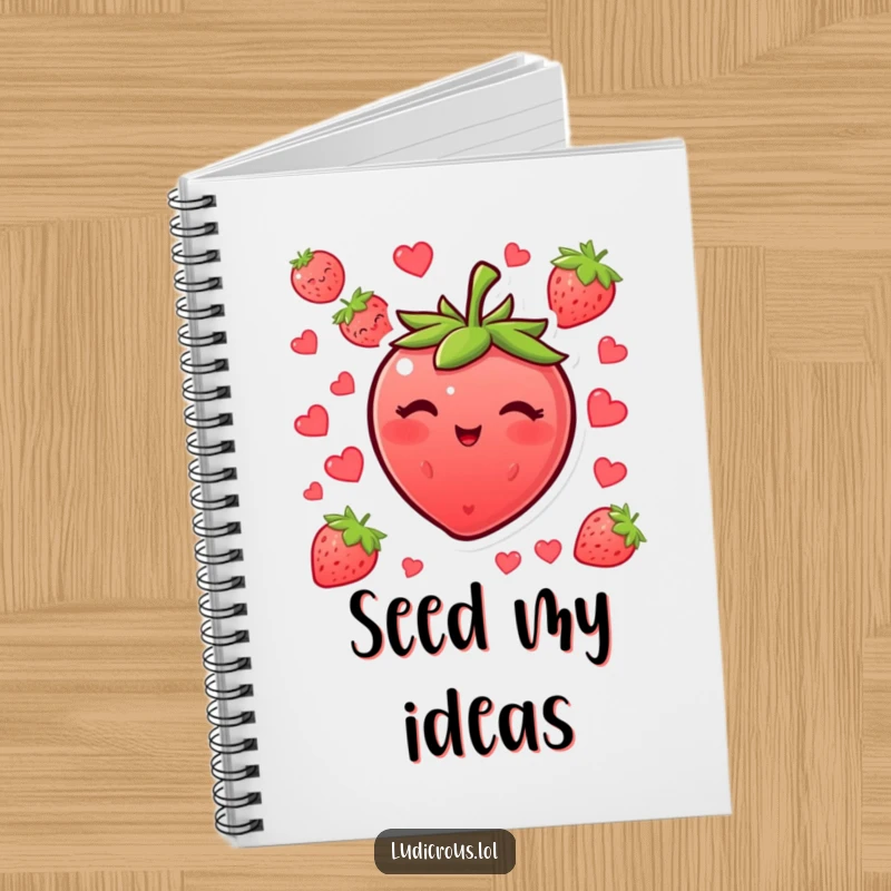 Funny blushing strawberry notebook winking with its seeds, a cute and humorous journal for writing.