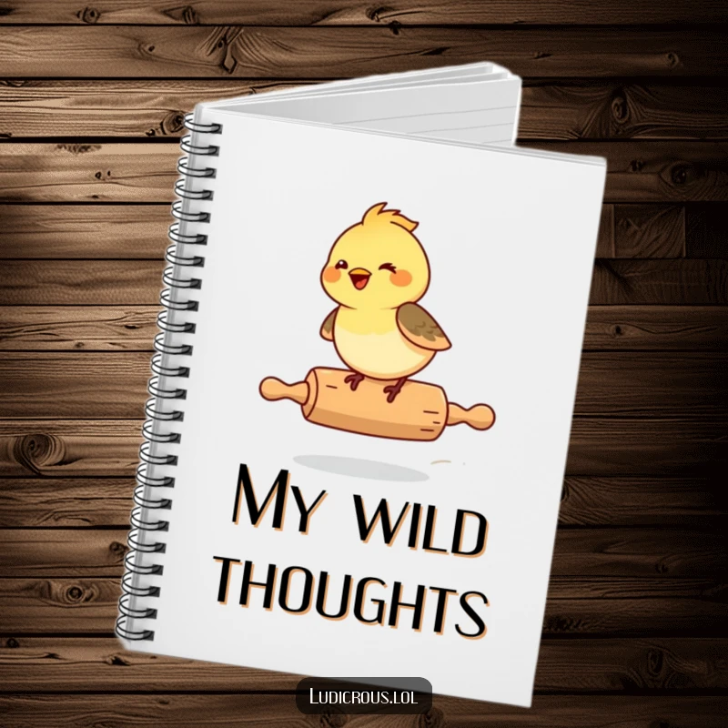 Funny Chickadee Notebook, a giggling chickadee riding a runaway rolling pin, perfect for jotting down joyful thoughts.