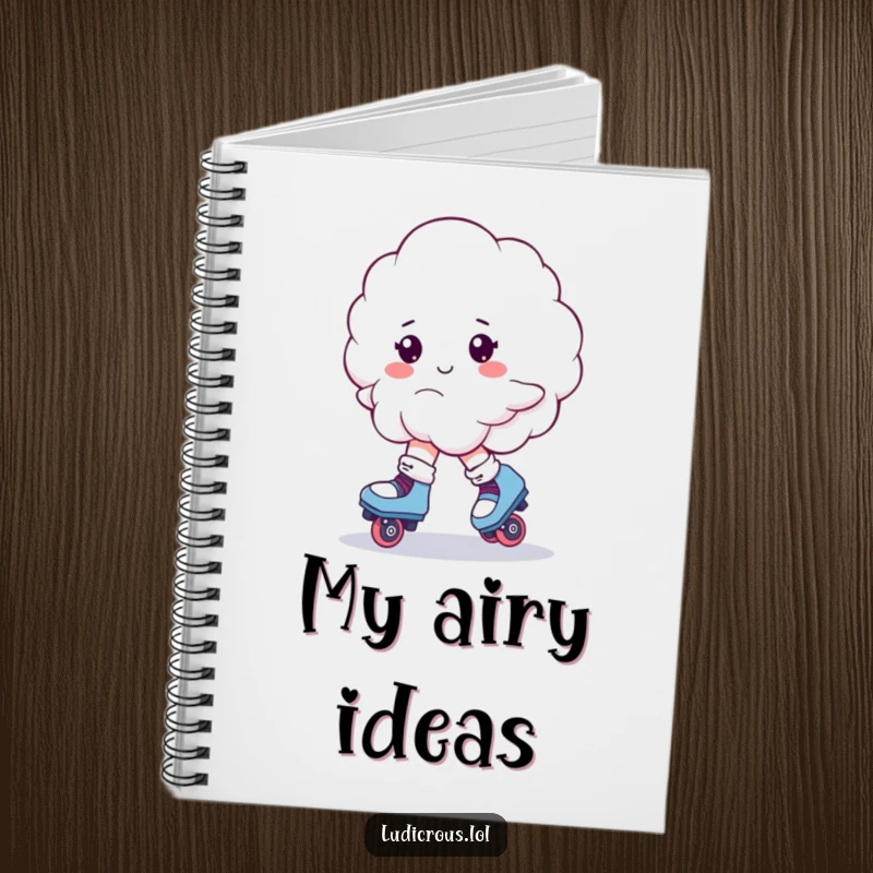 Funny notebook cover with a fluffy cloud attempting to roller skate, depicted in a comical, wobbling motion.
