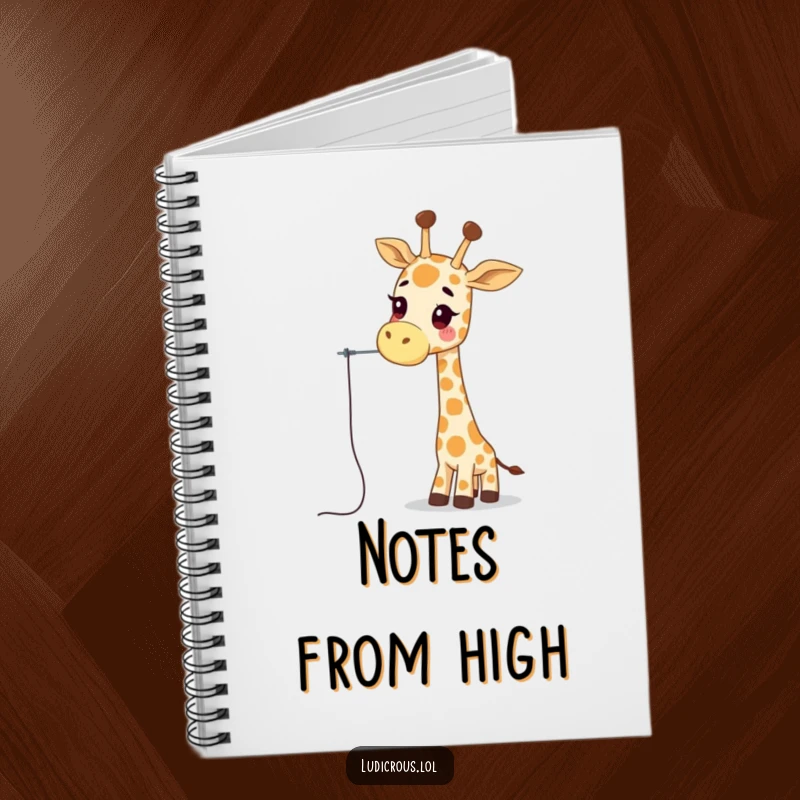 Funny giraffe notebook with a wobbly giraffe character attempting to thread a needle using its long neck, ideal for funny notes and ideas.