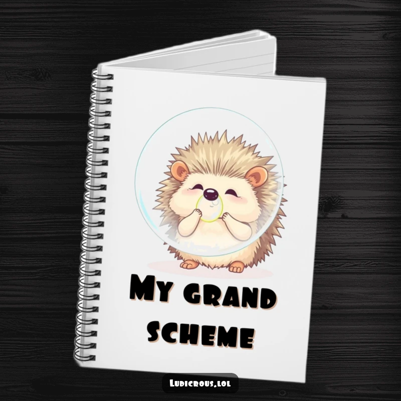 Funny hedgehog notebook featuring a fluffy creature comically attempting to blow a bubble larger than itself, spurring creativity and humorous note-taking.