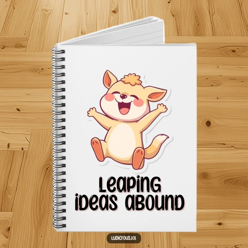 Funny notebook cover with a joyful animal in a comically exaggerated mid-leap, encouraging energetic writing.