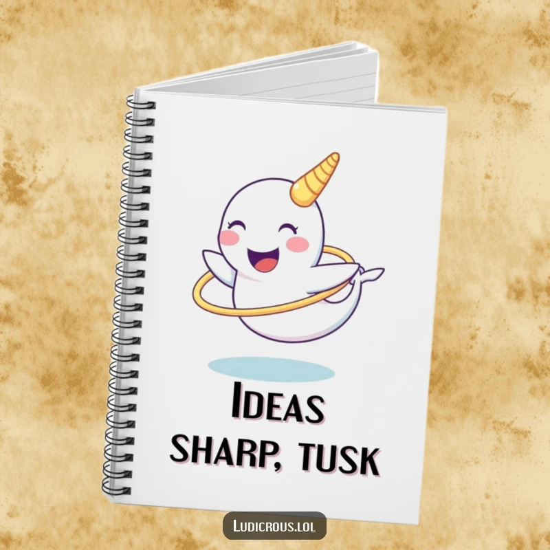 Funny narwhal notebook with a chuckling narwhal character attempting to hula hoop using its tusk, ideal for funny notes and ideas.