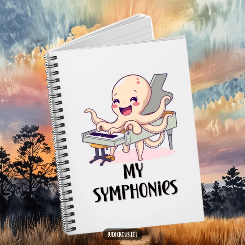Funny notebook with a delighted octopus playing a piano, perfect for jotting down notes with musical and humorous flair.
