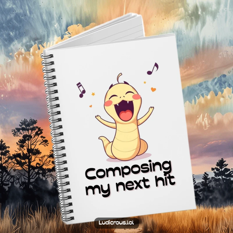 Funny notebook cover with a worm singing opera, mouth wide and exaggerated for a humorous effect.