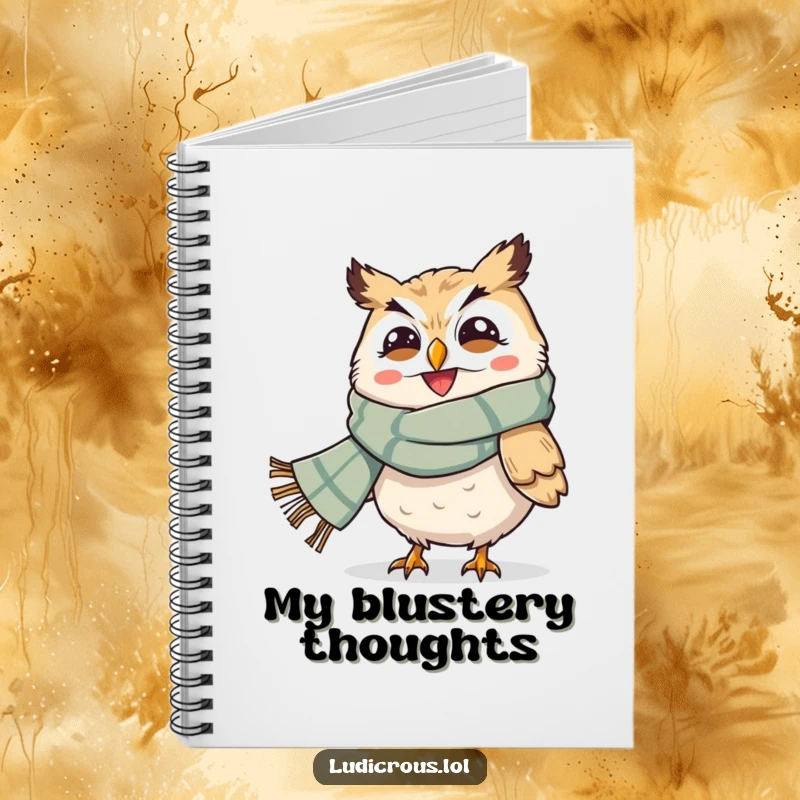 Funny notebook featuring a grinning owl with a giant scarf being blown by the wind, perfect for note-taking and ideas.