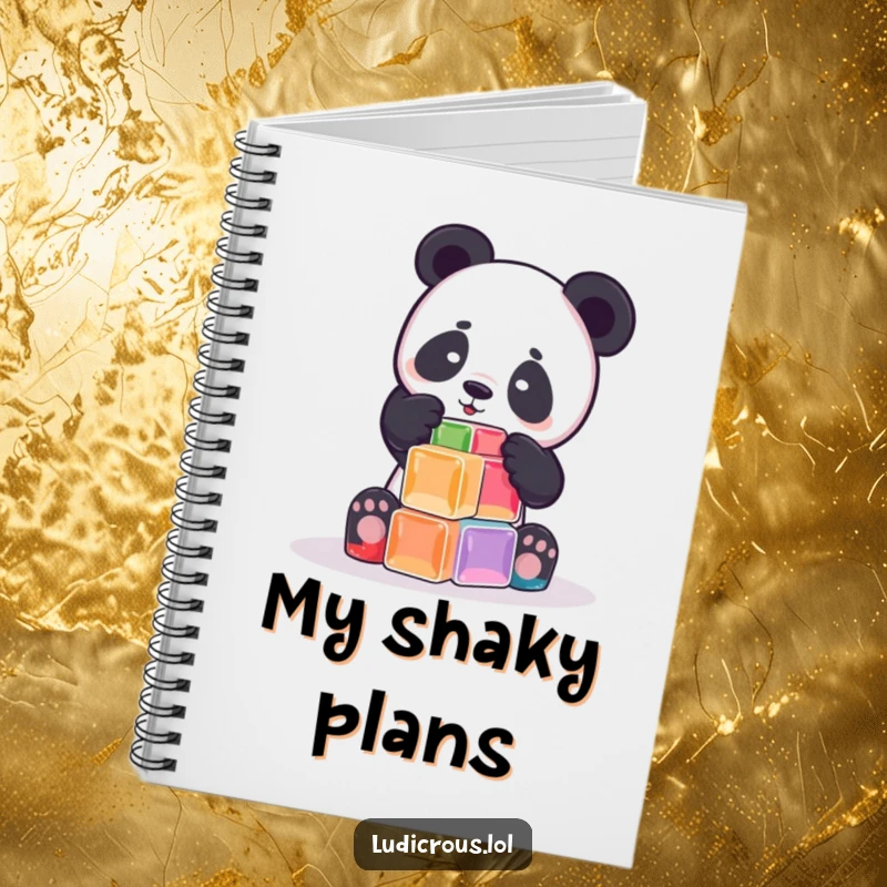 Funny playful panda attempts to build a tower out of wobbly Jell-O cubes on a notebook cover, representing creative note-taking with sweet humor.