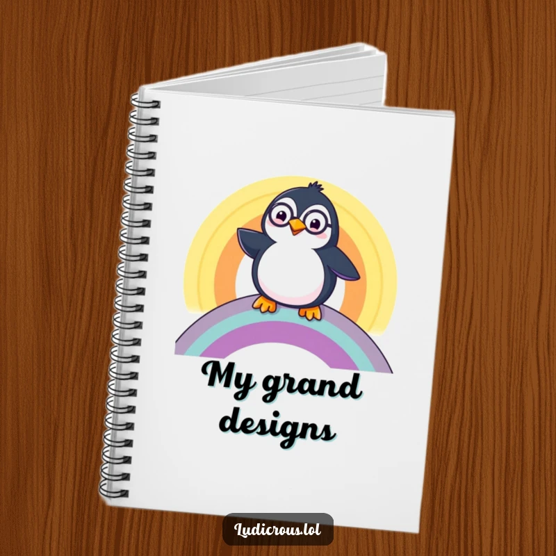 Funny Penguin Notebook, a happy penguin wearing a monocle, sliding down a rainbow, perfect for jotting down sophisticated ideas.