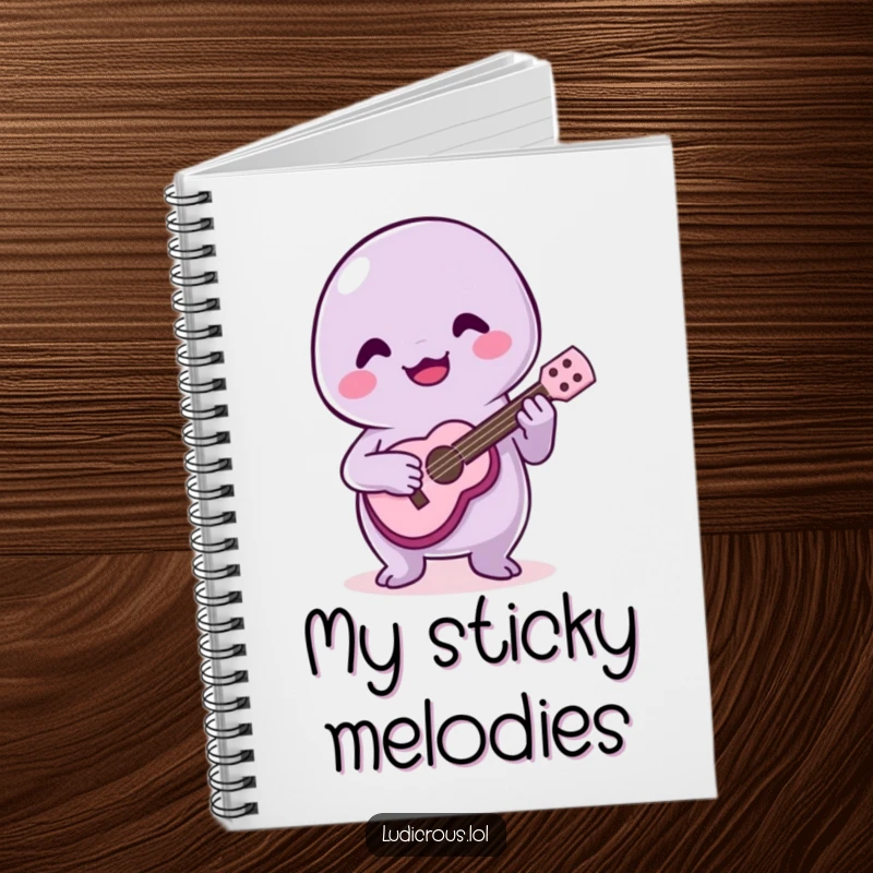 Funny notebook cover with a joyful slime creature playing a tiny ukulele poorly, exuding happiness.