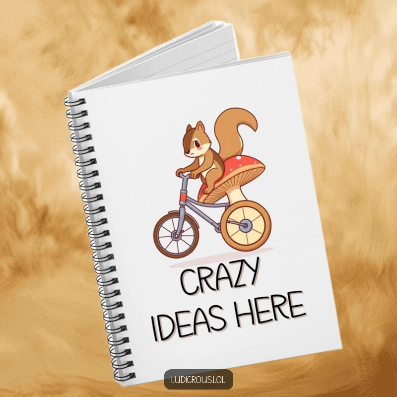 Funny notebook cover featuring a bewildered squirrel trying to ride a giant, wobbly mushroom like a unicycle, ready for funny notes.