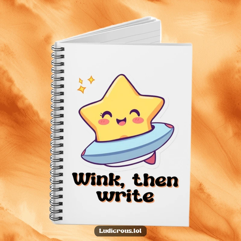 Funny notebook with a cheerful star winking and morphing into a tiny spaceship, ideal for jotting down thoughts and dreams.