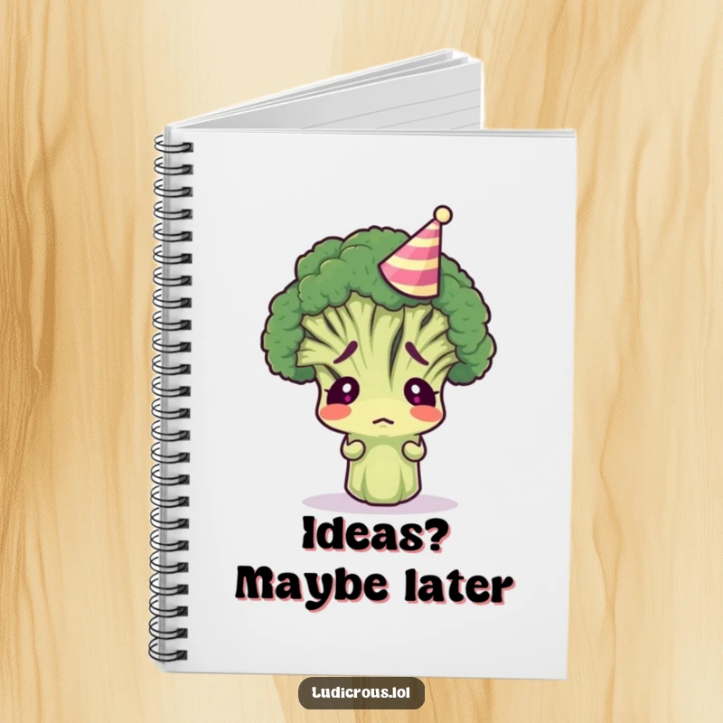 Funny broccoli floret wearing a tiny party hat, looking confused, on a notebook cover, inspiring humorous writing and doodling.
