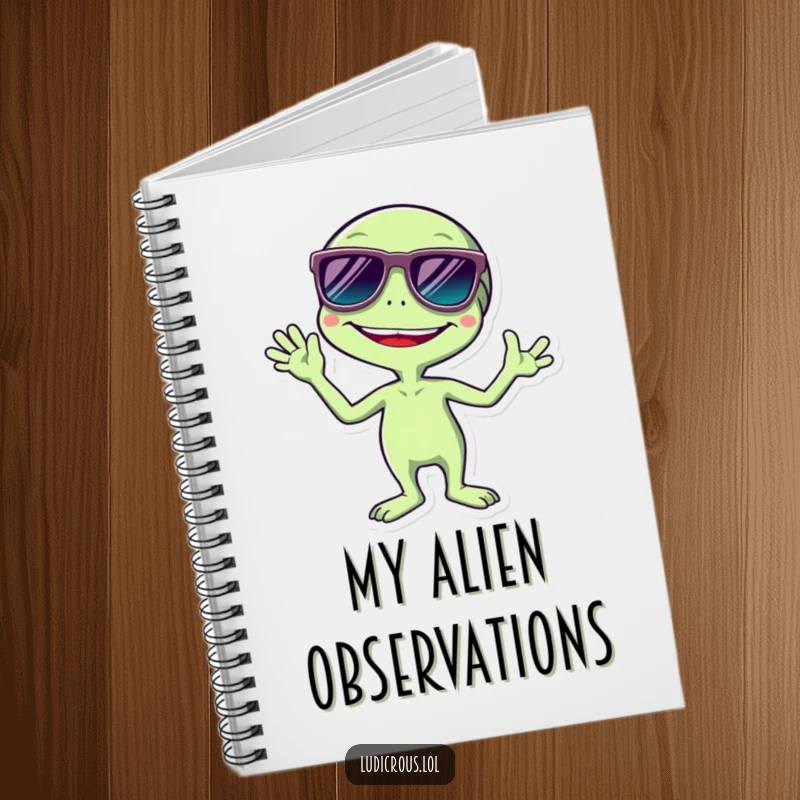 Funny notebook cover featuring a giggling alien sporting oversized sunglasses and waving energetically, inspiring creativity and extraterrestrial thoughts.