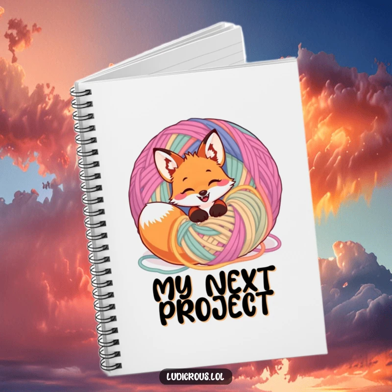 Funny giggling fox tangled in a ball of yarn on a notebook cover, representing creative journaling with playful charm.