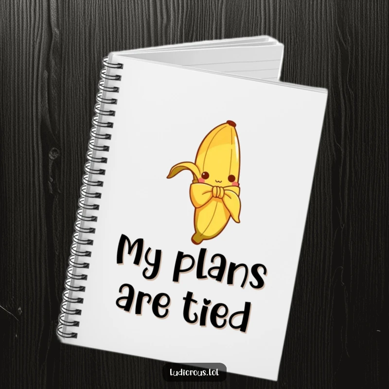 Funny notebook with a curious banana peel hilariously trying to tie itself into a bow, perfect for journaling or note-taking.