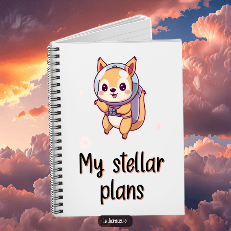 Funny notebook with a playful squirrel astronaut floating in space, perfect for note-taking or sketching cosmic ideas.