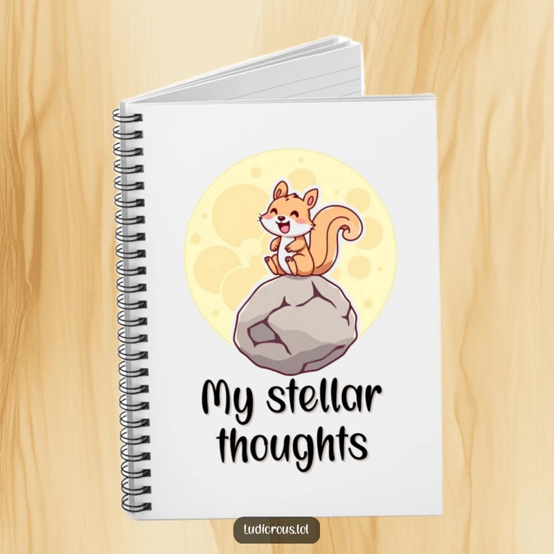 Funny squirrel riding a giant hovering moon rock with an ecstatic grin, on the cover of a ruled notebook for writing.