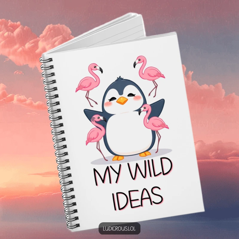 Funny notebook featuring a silly penguin attempting to juggle three flamingos with a confused look, perfect for note-taking.