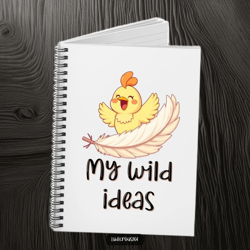 Funny rubber chicken gleefully soaring on a giant feather on a notebook cover, inspiring humorous writing and doodling.