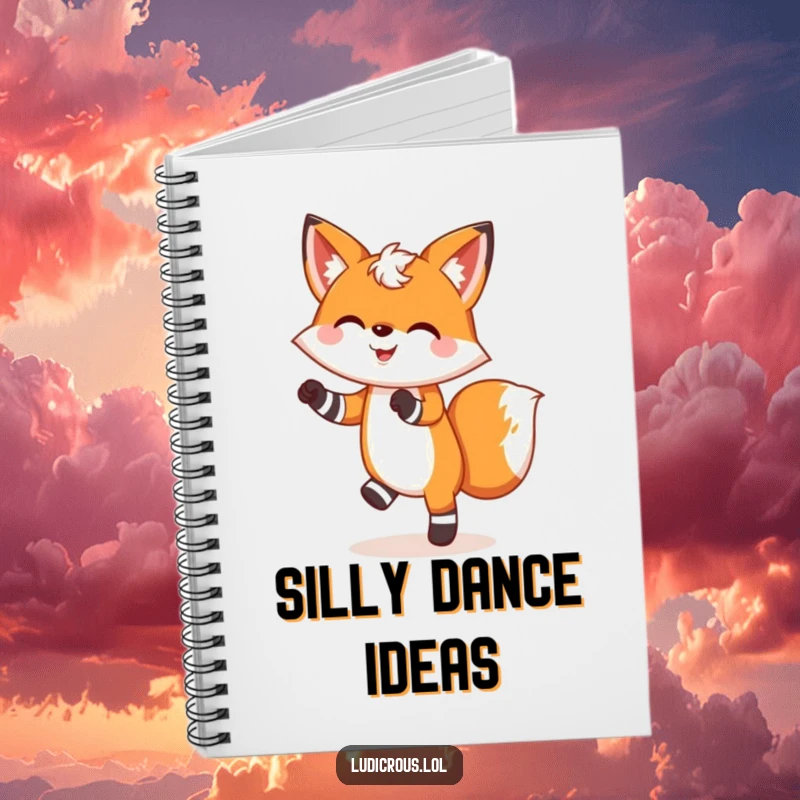 Funny notebook featuring a cheerful fox in mismatched socks doing a silly dance, ideal for humorous note-taking.
