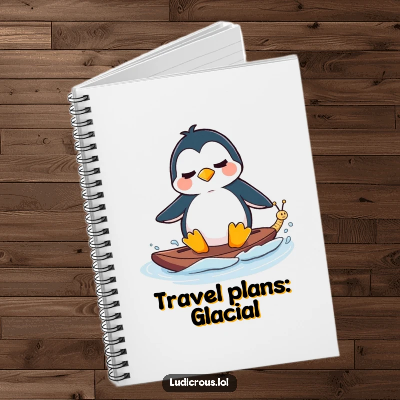Funny Notebook with a perplexed penguin waterskiing behind a tiny, fast-moving snail, great for notes and ideas.