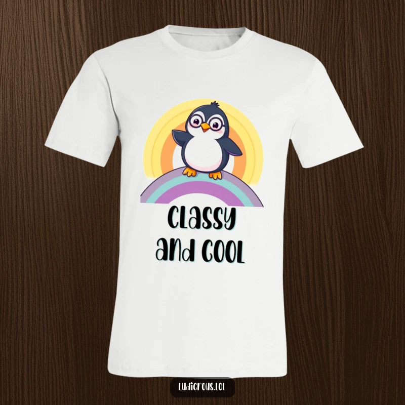 Funny Penguin T-Shirt, a happy penguin wearing a monocle, comically sliding down a rainbow, showcasing sophisticated joy.