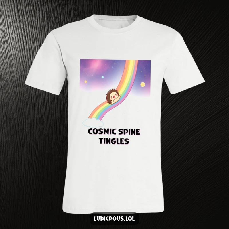 Funny t-shirt print of a hedgehog gleefully sliding down a colorful rainbow across a backdrop of stars and galaxies.