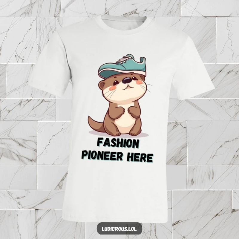 Funny Otter T-Shirt, a curious otter hilariously wearing a shoe on its head, showcasing its adventurous and silly nature.