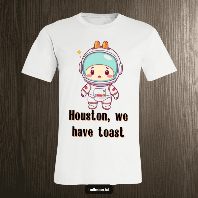 Funny t-shirt graphic: a wide-eyed astronaut in a spacesuit, looking bewildered as a shiny toaster sits atop its head, replacing the helmet.