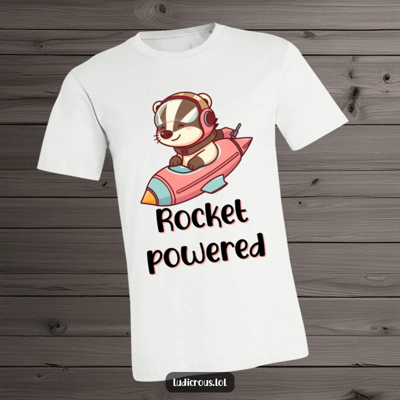 Funny badger in a helmet pilots a comically large rocketship ready for launch, printed on a humorous t-shirt.