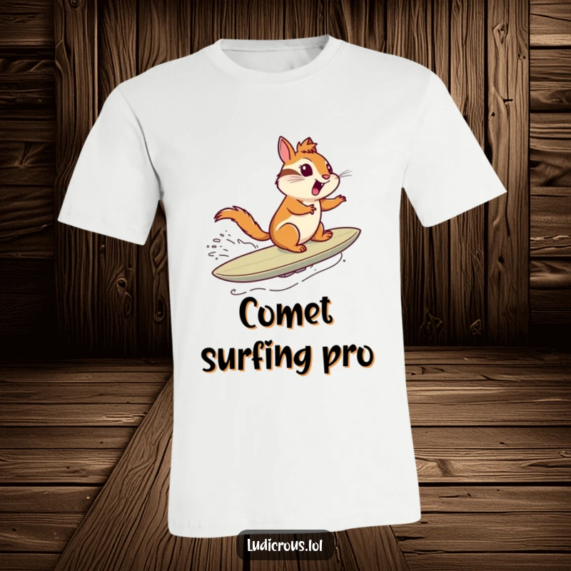 Funny t-shirt design of a chipmunk exhilarated while surfing a comet through space, treating it like a cosmic surfboard.
