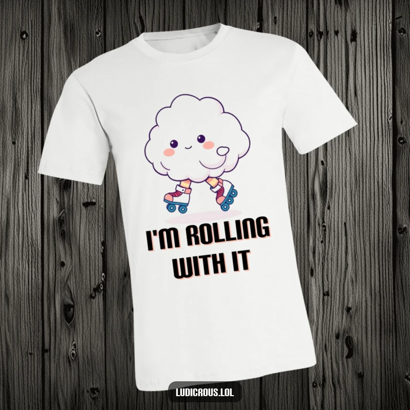 Funny, fluffy cloud character wearing roller skates and looking unsteady, perfect for a humorous t-shirt design.