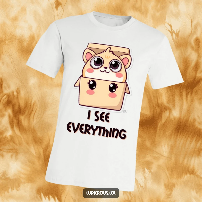 Funny t-shirt graphic: a whimsical creature with numerous eyes, playfully peeking over the edge of a small box, looking curious and mischievous.