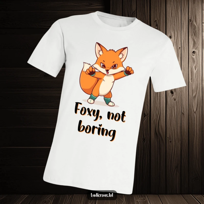 Funny t-shirt print of a determined fox striking a dramatic pose, showcasing vibrant, mismatched socks. Bold and humorous animal design.