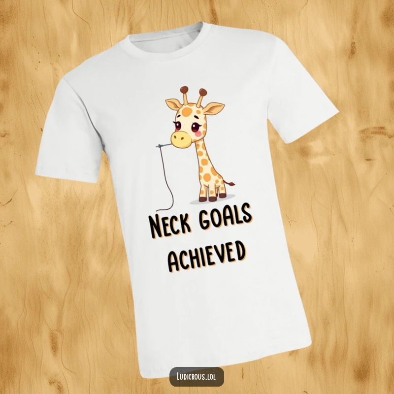 Funny giraffe t-shirt with a wobbly giraffe character comically attempting to thread a needle using its long neck, a humorous depiction of effort.