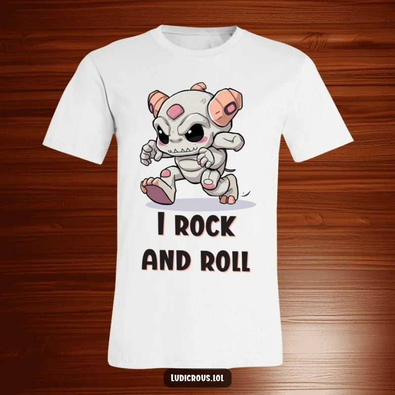 Funny determined golem attempting to skip with large, heavy feet, humorous t-shirt design.