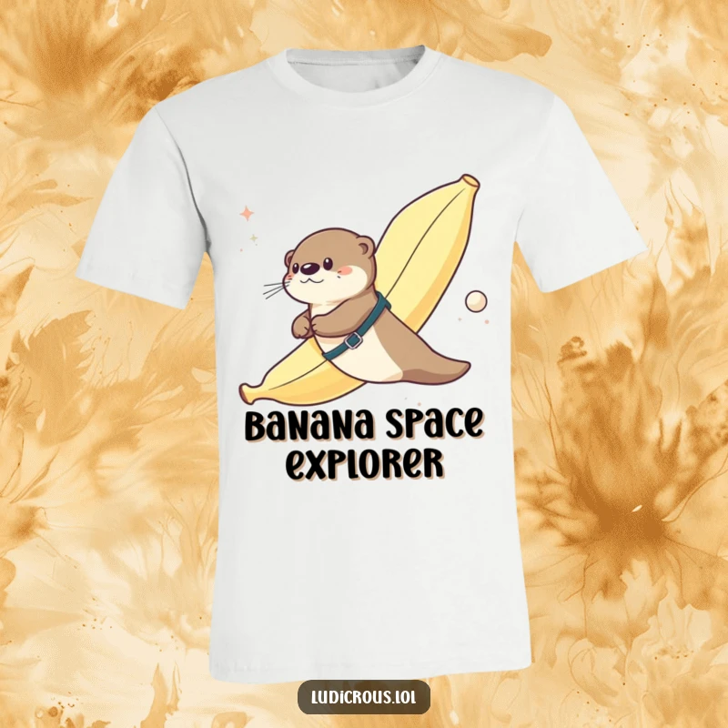 Funny t-shirt design of an otter humorously strapped to a giant banana, seemingly flying through the vastness of space.