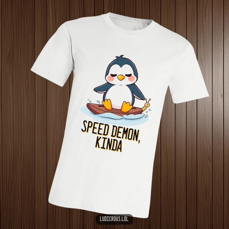 Funny T-Shirt depicting a perplexed penguin waterskiing behind a tiny, fast-moving snail, humorous animal and adventure design.