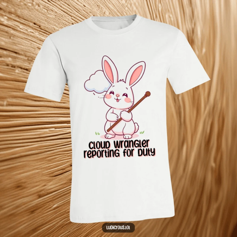 Funny t-shirt displaying a cheerful rabbit with a long pole attempting to pet a cloud, showcasing a funny, whimsical, and aspirational scene.