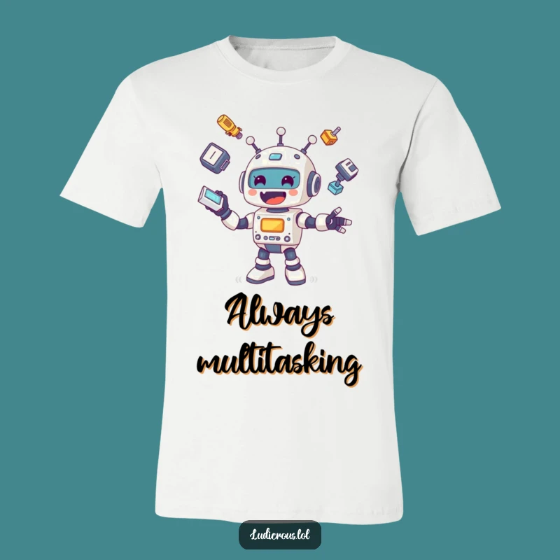 Funny Robot T-Shirt: Cheerful Juggling Parts Tee, Hilarious Mechanical Mishap Shirt Gift