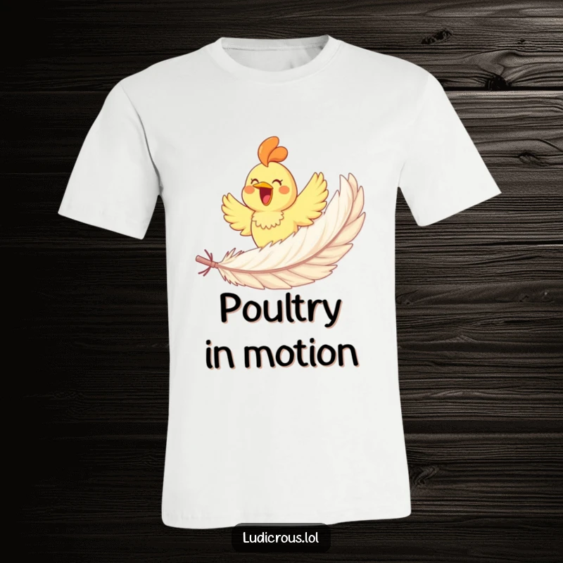 Funny rubber chicken gleefully soaring on a giant feather, printed on a comfortable t-shirt, embodying joy and classic comedy.