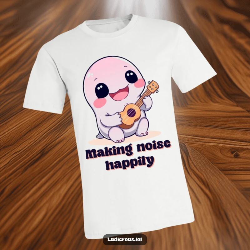 Funny, happy slime character enthusiastically playing a tiny ukulele poorly, a humorous and vibrant design for a t-shirt.