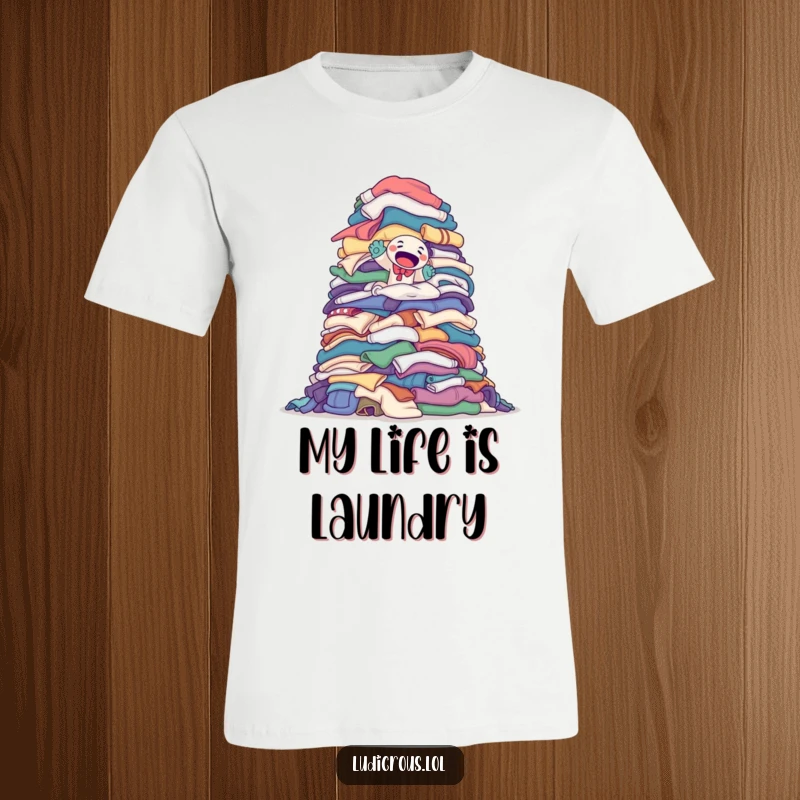 Funny t-shirt with a determined sock puppet climbing a monumental pile of laundry, celebrating effort and perseverance.