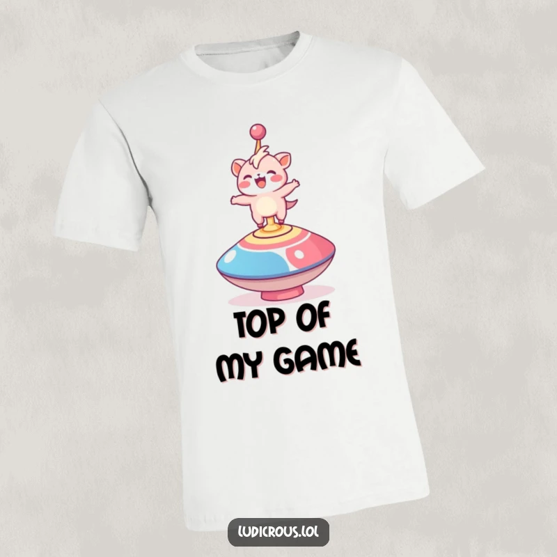 Funny t-shirt featuring a delighted creature comically balancing on a giant spinning top, illustrating joy and precariousness.