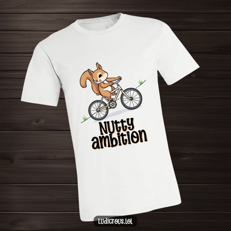 Funny squirrel furiously pedaling a miniature bike uphill, printed on a comfortable t-shirt, embodying determination and humor.