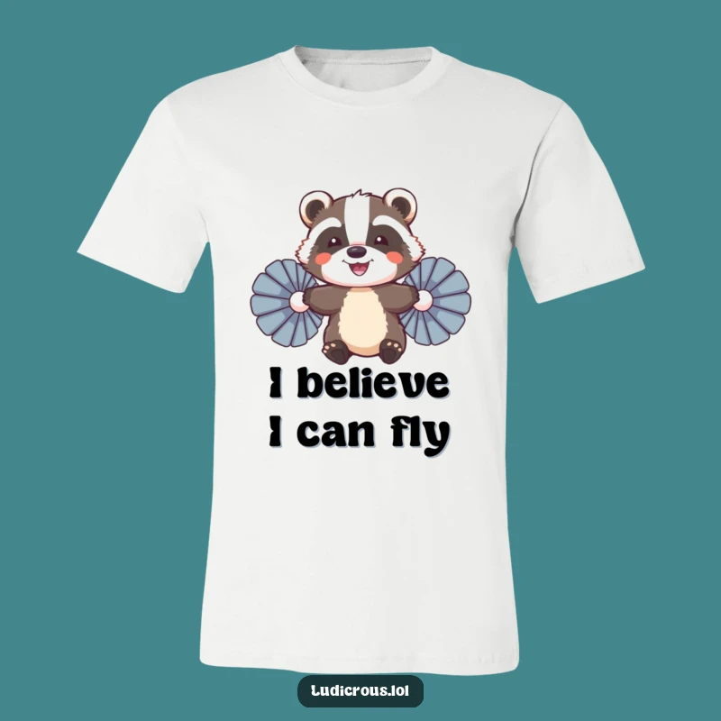 Funny Badger Flying T-Shirt: Ambitious Animal's Feather Fan Flight, Hilarious Gift!